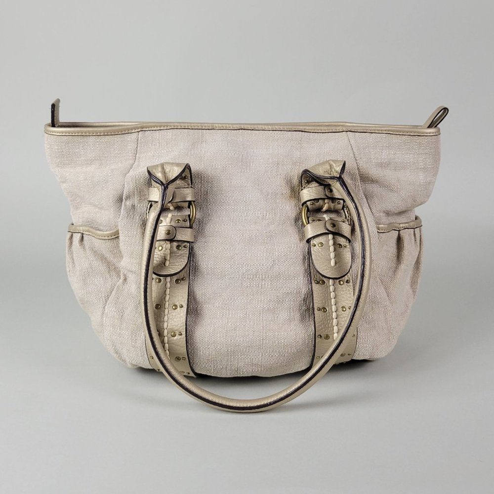 KATE LANDRY Off-White Linen Shoulder Bag with Leather Accents